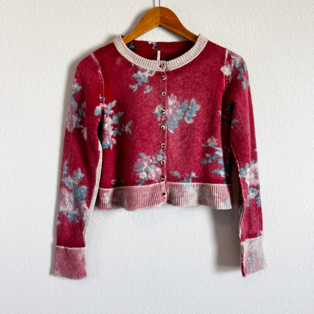 Free People Nocturnal Red Floral Wool Cashmere Cropped Cardigan Sweater Size S